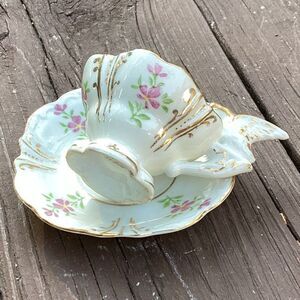 Vintage 1950s Japan Mini Teacup & Saucer w/ Bird Handle Gold Trim Porcelain